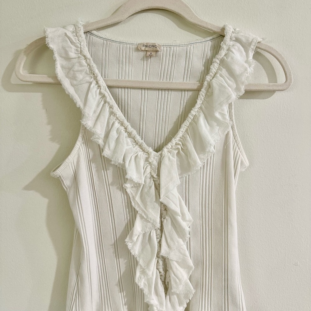 Pilcro White Ruffled Ribbed Tank Top